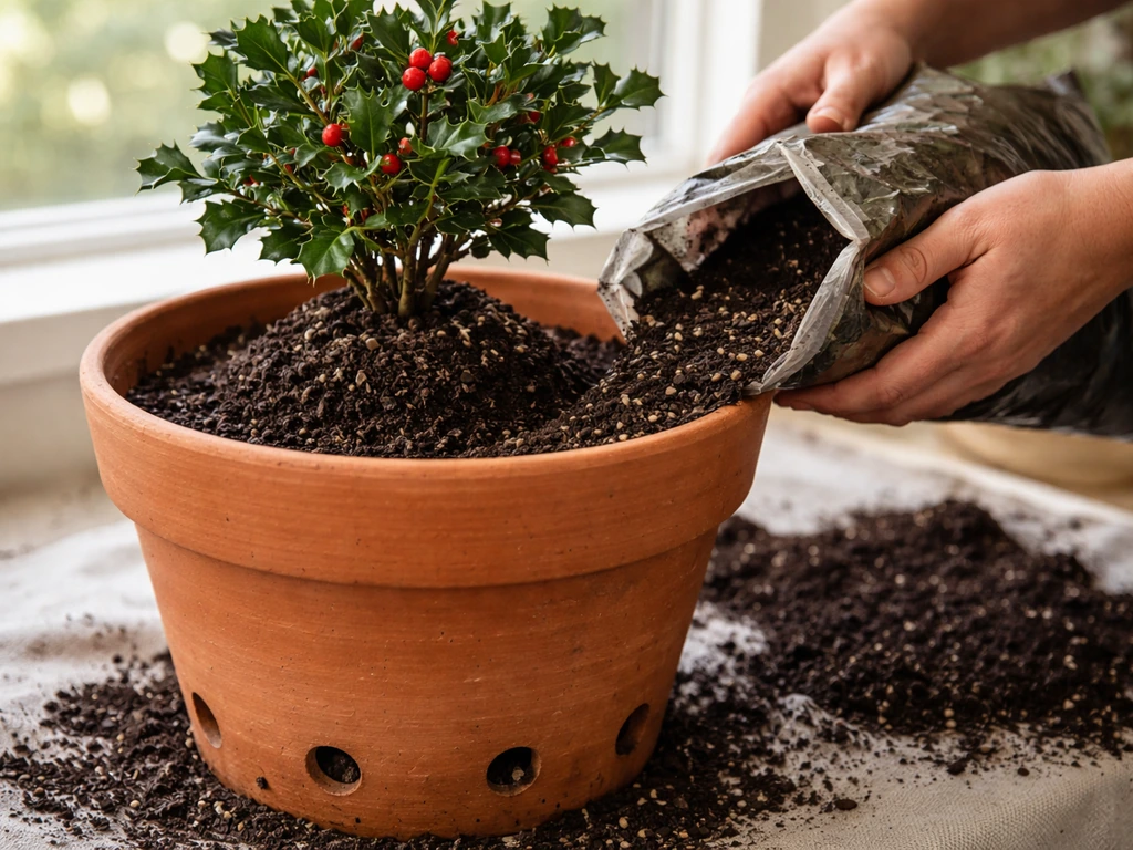 Close-up of holly being potted in a draining terracotta pot with dark acidic mix being poured.