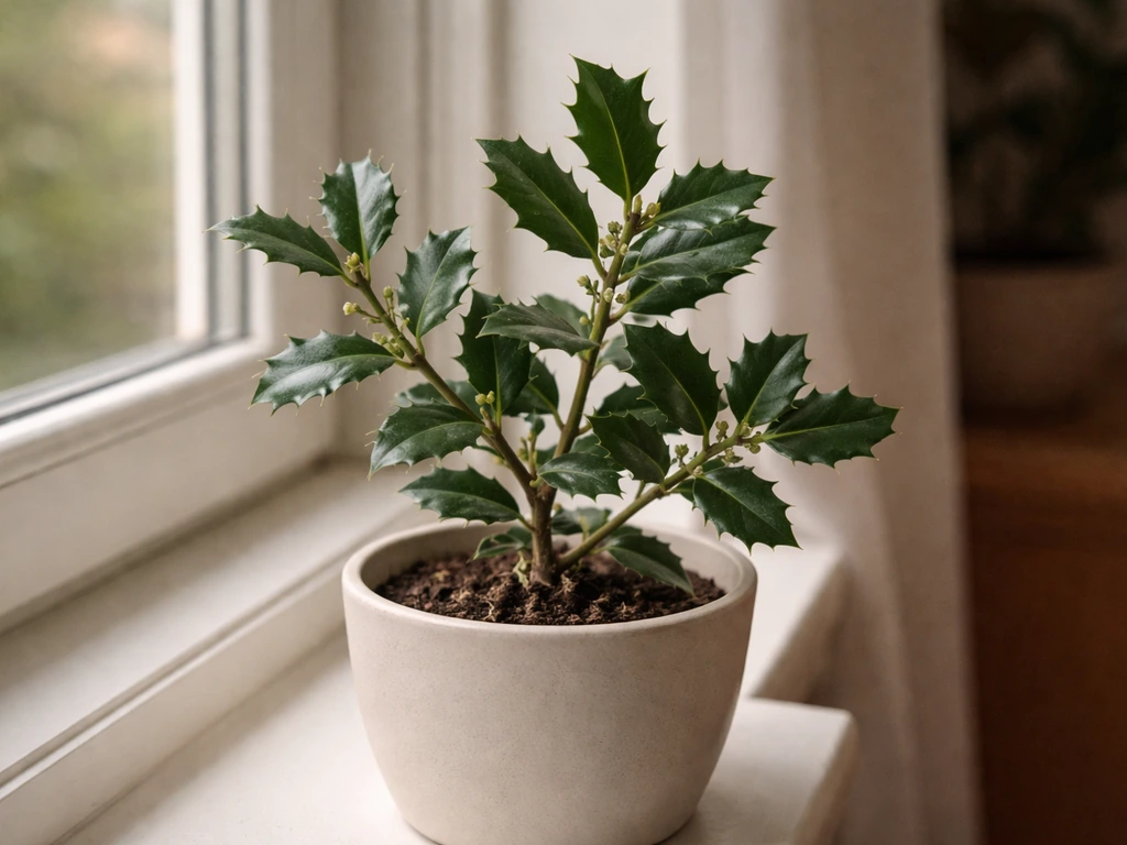 Indoor holly branch on a windowsill with flowers but no visible berries, showing fruiting is uncommon indoors.