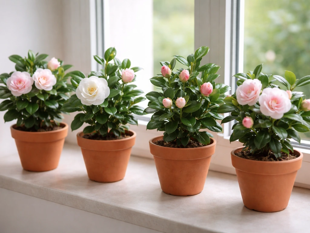 Several compact camellia plants in terracotta pots on a bright indoor windowsill with pink and white blooms.