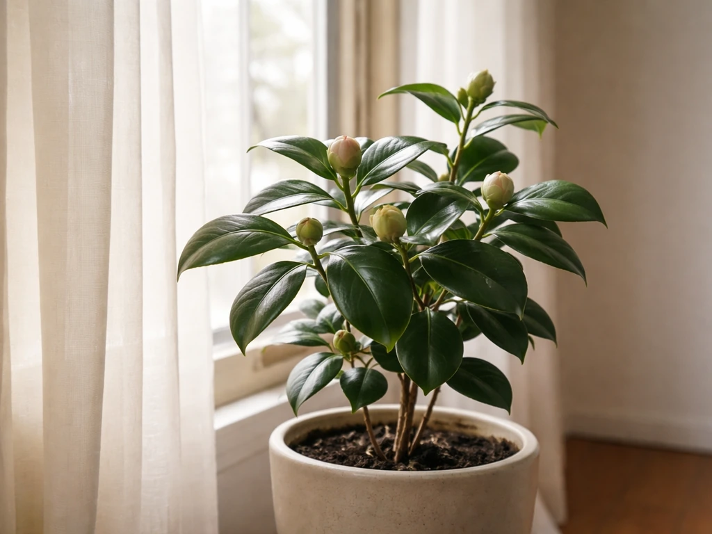 Indoor camellia plant near a sheer curtain receiving bright, filtered daylight.