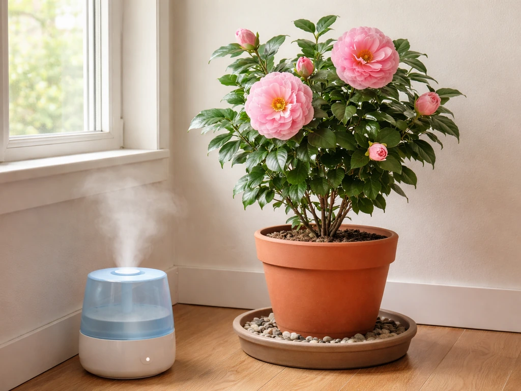Camellia plant on a pebble tray with a small humidifier nearby in a bright living room.