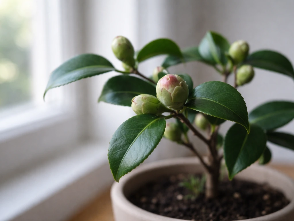 Close-up of indoor camellia buds on branches near a bright window, showing buds progressing toward bloom.