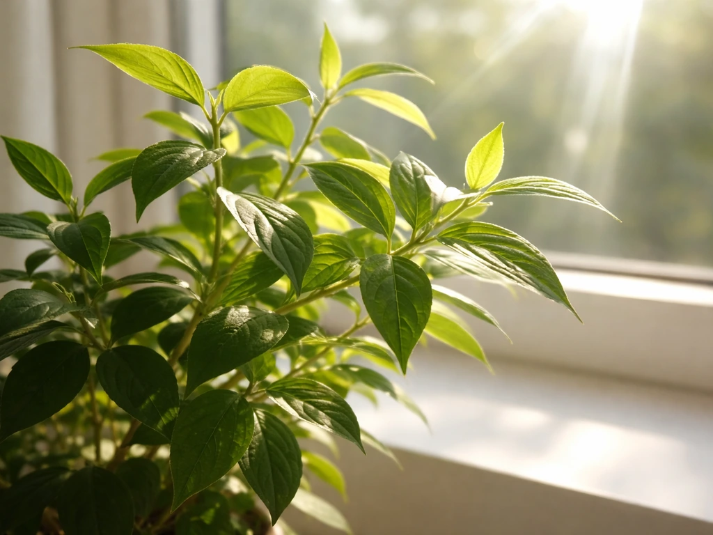 Silvervine leaves indoors reaching toward bright direct sunlight from a nearby window.