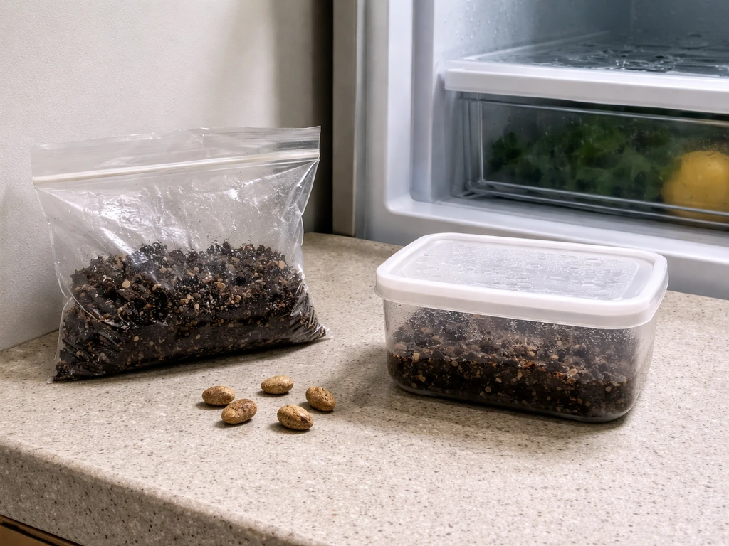 Silvervine seeds and a clear bag of moist peat/vermiculite staged near a fridge for cold stratification.