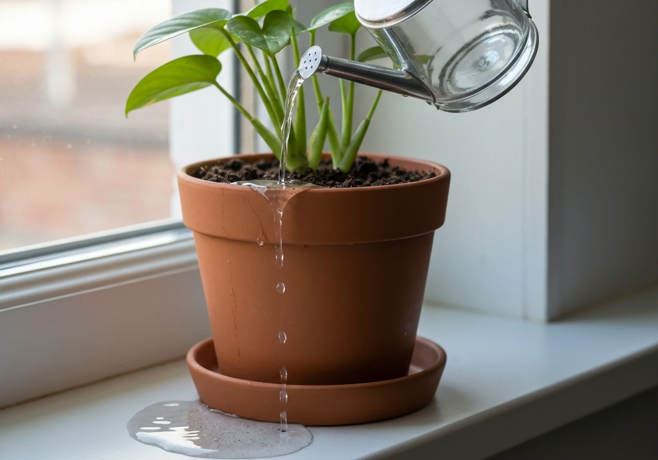 Water a potted plant until water drains out, with the saucer kept from pooling water.