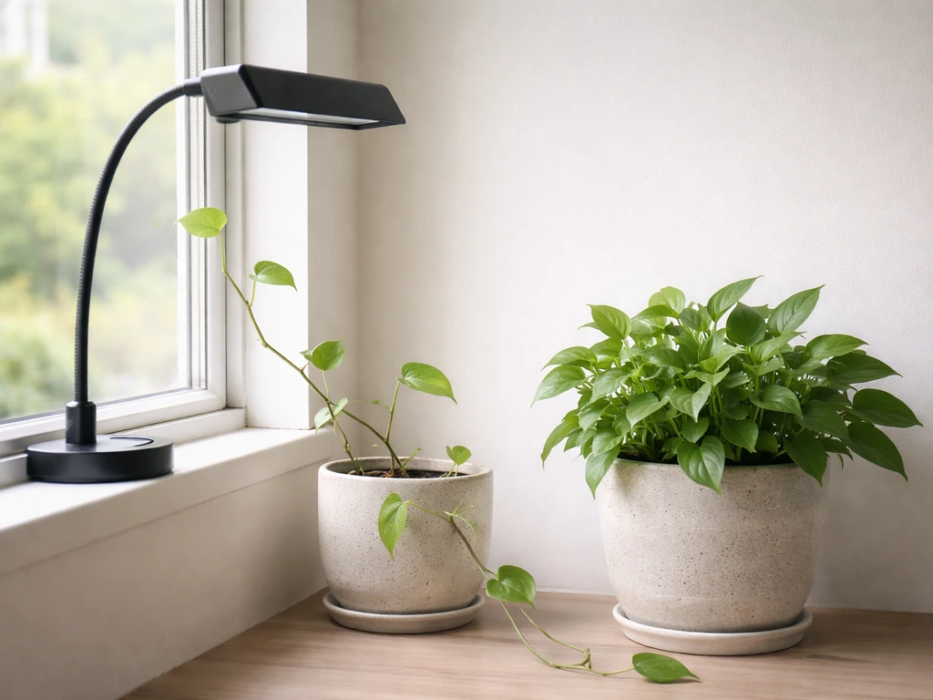 Leggy houseplant beside a compact healthy one near a bright window, showing light deficiency fix.