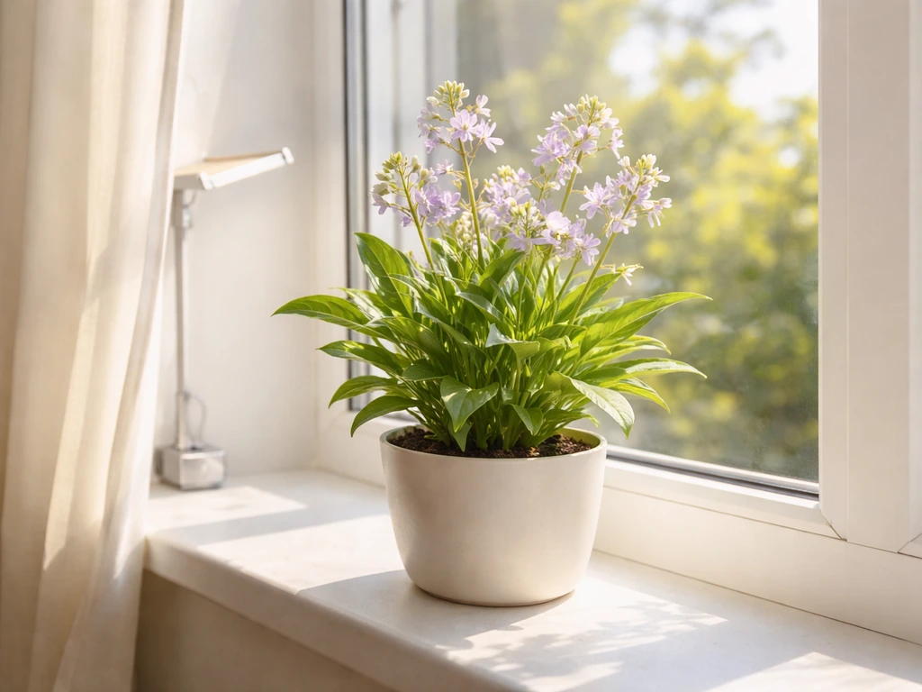 Night-scented stock on a south-facing windowsill with bright daylight and a simple indoor light setup