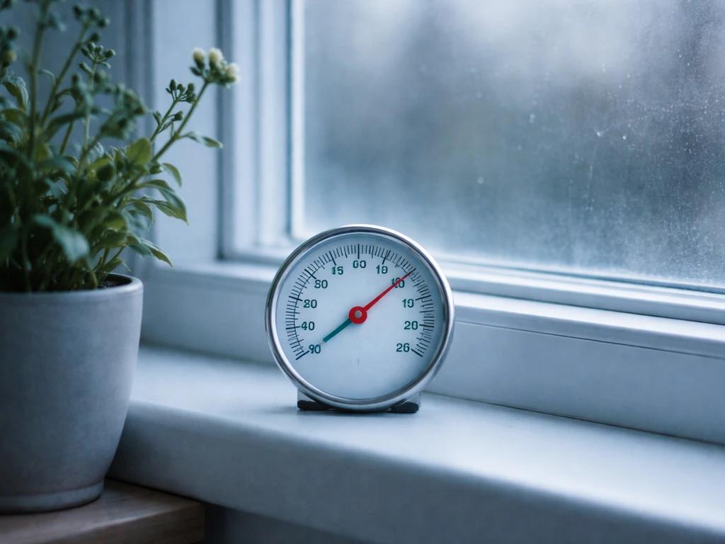 Thermometer near potted night-scented stock by a window in a cool room, showing mid-range cool temperature.