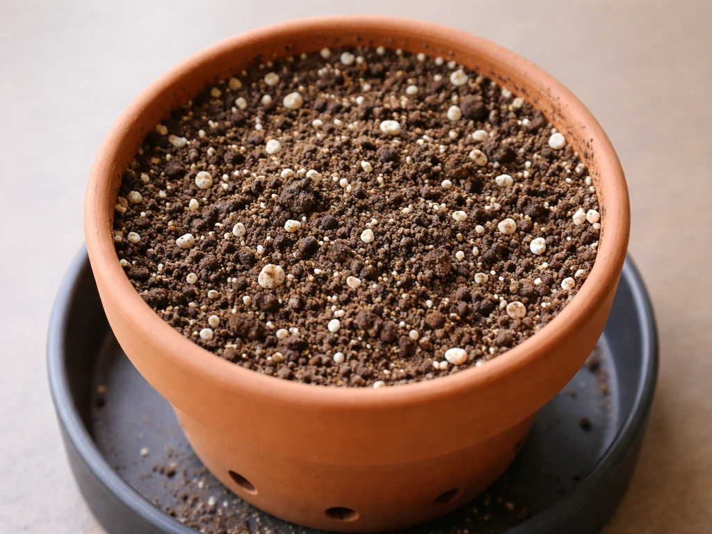 Top-down view of a pot with drainage holes and airy, perlite-speckled potting mix.