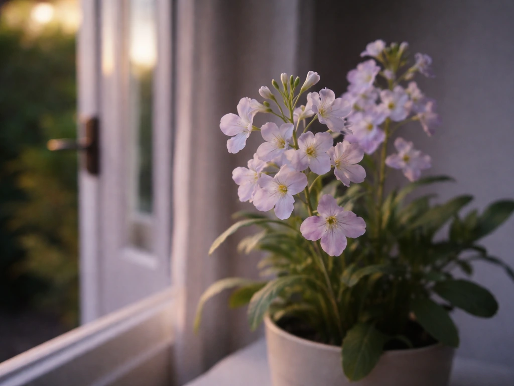 Night-scented stock flowers blooming indoors near an open window, soft evening light and visible airflow
