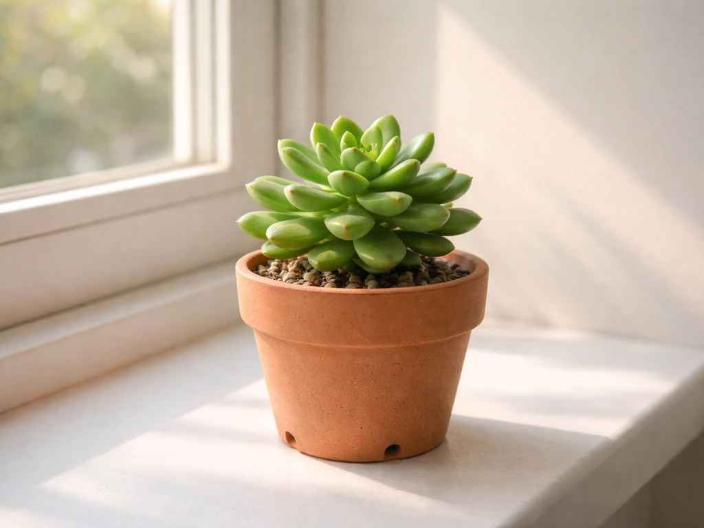 Healthy compact indoor sedum plant in a small terracotta-style pot on a bright windowsill.