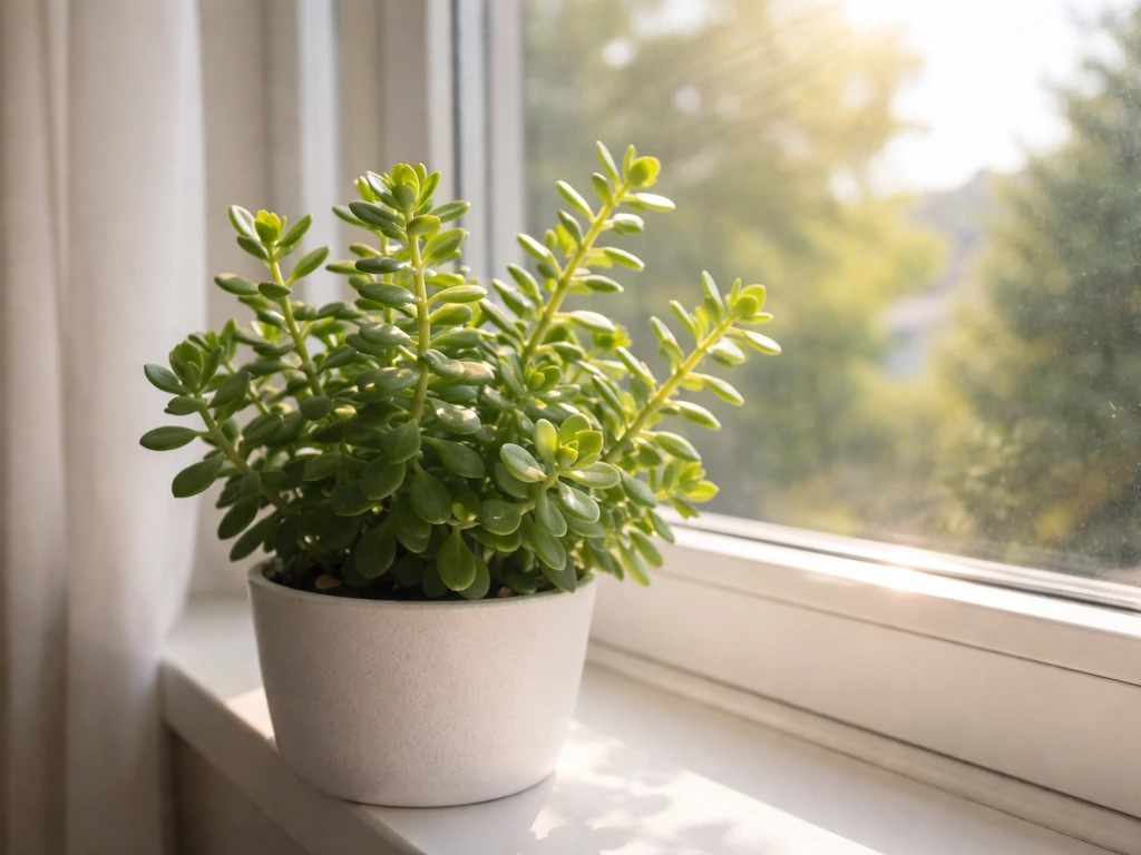 Indoor sedum on a sunny windowsill beside a bright south-facing window, leaves reaching for light.