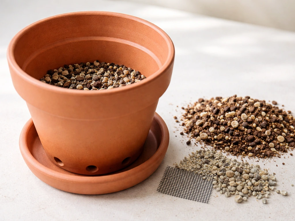 Indoor sedum pot on a saucer with drainage holes, gravel layer, and succulent mix—showing dry, non-soggy setup.
