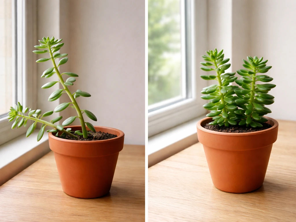 Side-by-side indoor sedum: leggy stretched plant versus trimmed, more compact plant near brighter light.