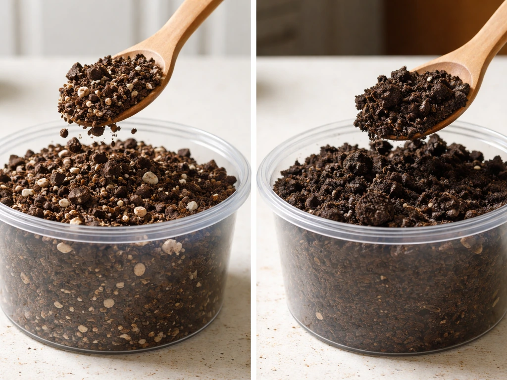 Two containers side by side showing airy potting mix and clumpy garden soil textures.