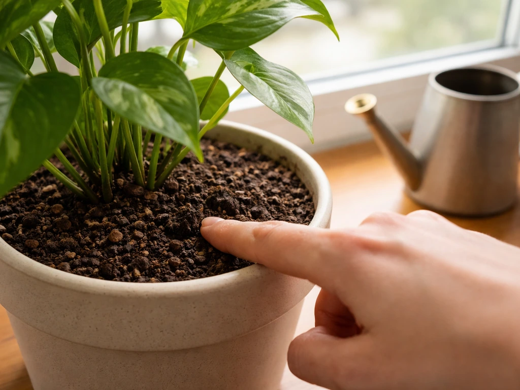 Close-up of a finger checking moisture in an indoor plant pot, watering can nearby on a windowsill.