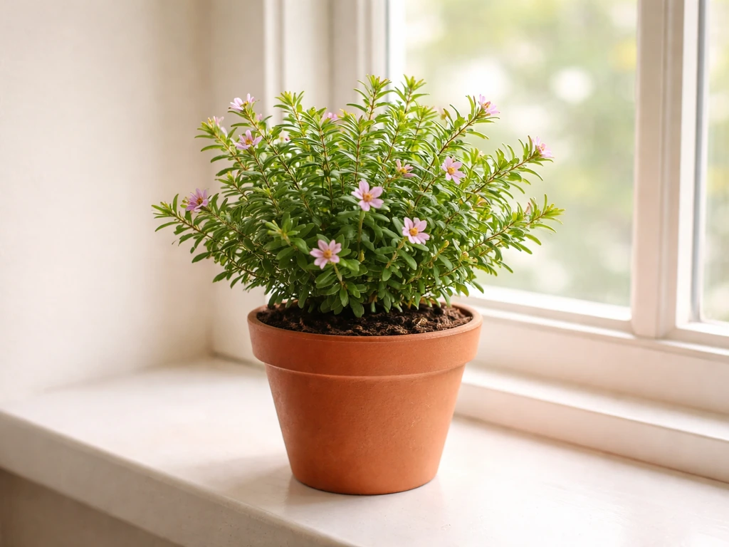 Healthy Mexican heather plant thriving on a windowsill with bright natural light