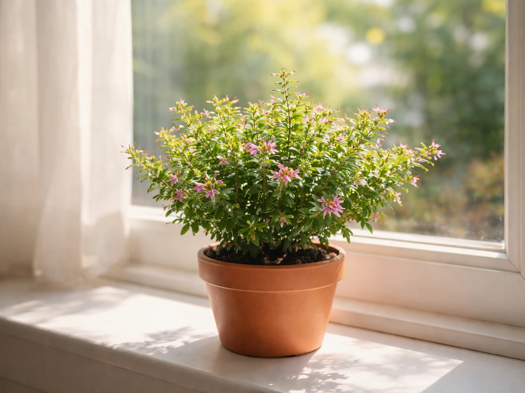 Mexican heather in a terracotta pot on a sunny south-facing windowsill with bright leaf highlights.