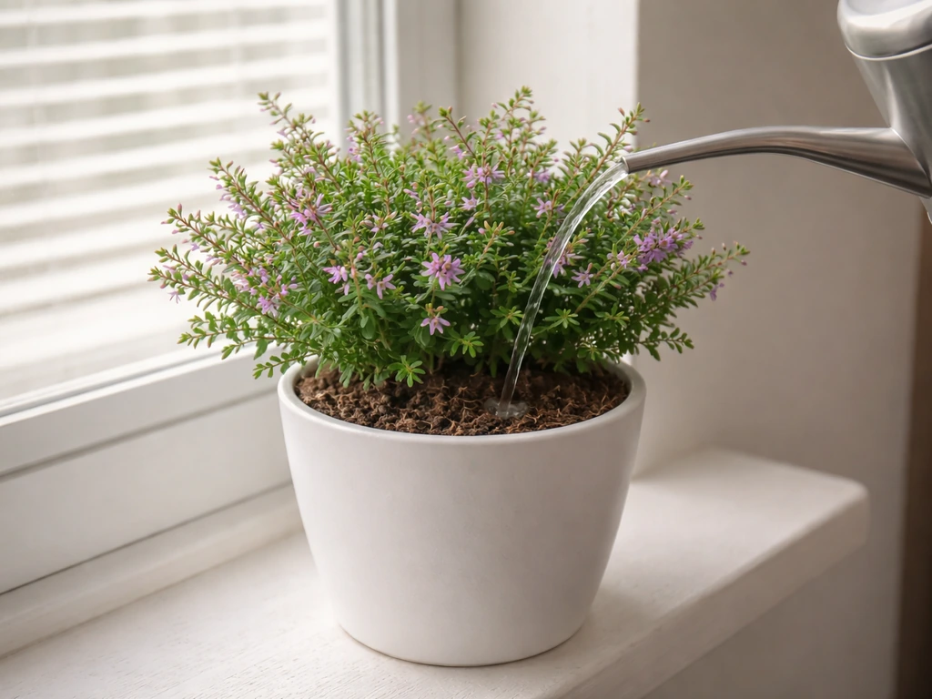 Mexican heather in a pot as a watering can gently waters slightly dried soil indoors.