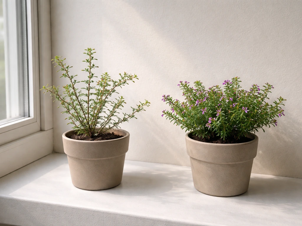 Mexican heather in a bright window: one plant leggy and thin, another compact and fuller in the same room.