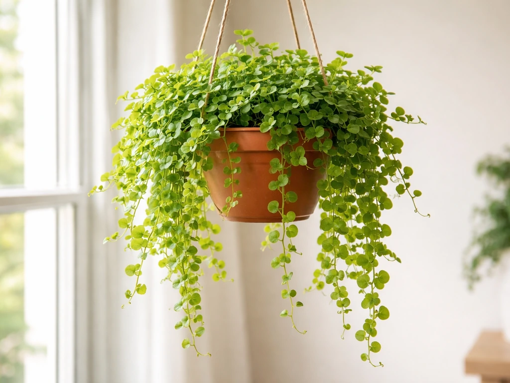 Lush creeping jenny in a hanging pot indoors near bright indirect light, dense trailing green foliage.