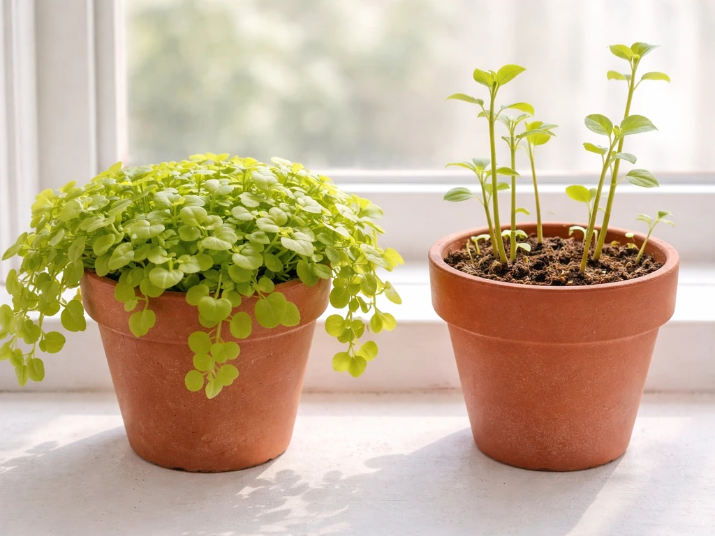 Two potted Lysimachia plants on a windowsill, one dense and trailing, the other sparse and leggy.