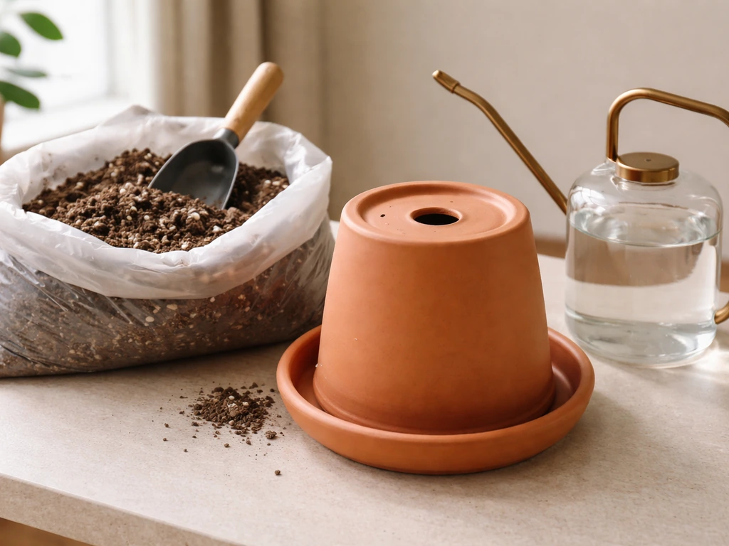 Indoor potting setup with terracotta planter, soil mix, watering can, and large drainage holes.