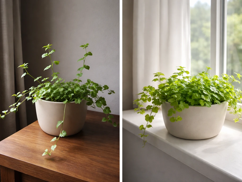 Side-by-side photo of leggy creeping jenny in low light versus compact growth in brighter placement.