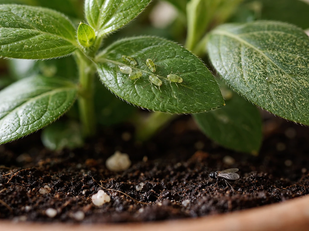 Close-up of lysimachia leaves with tiny aphids and spider-mite signs; a fungus gnat near damp soil.