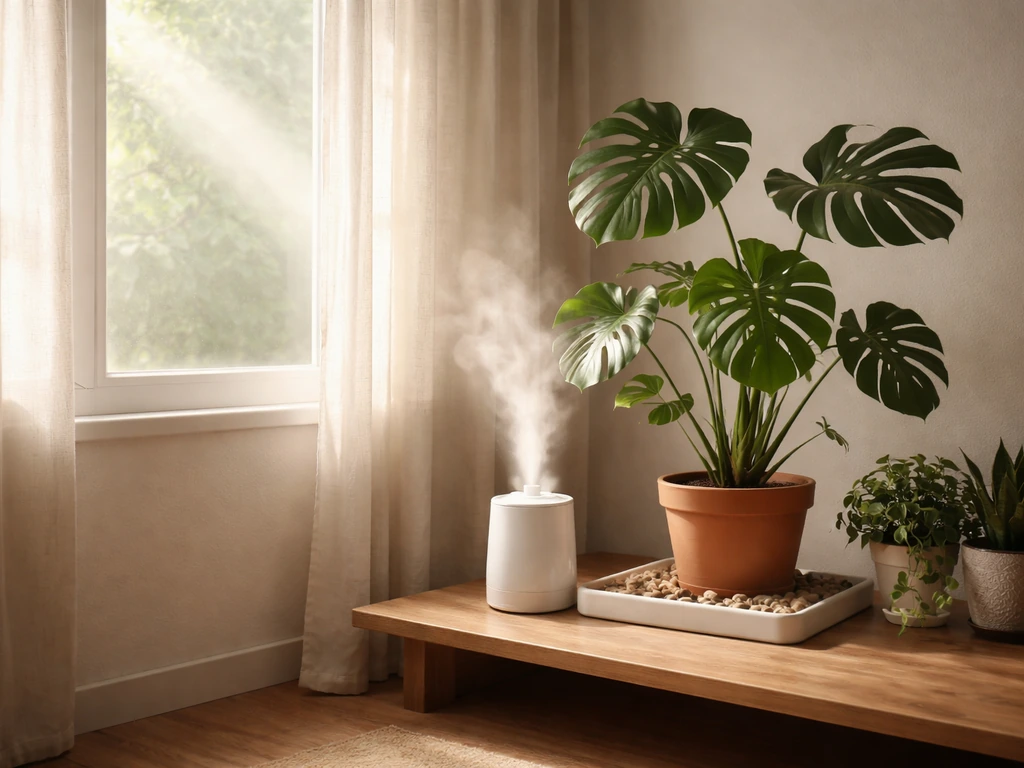 Tropical houseplant by a bright window with a humidity tray and small humidifier in a simple room.