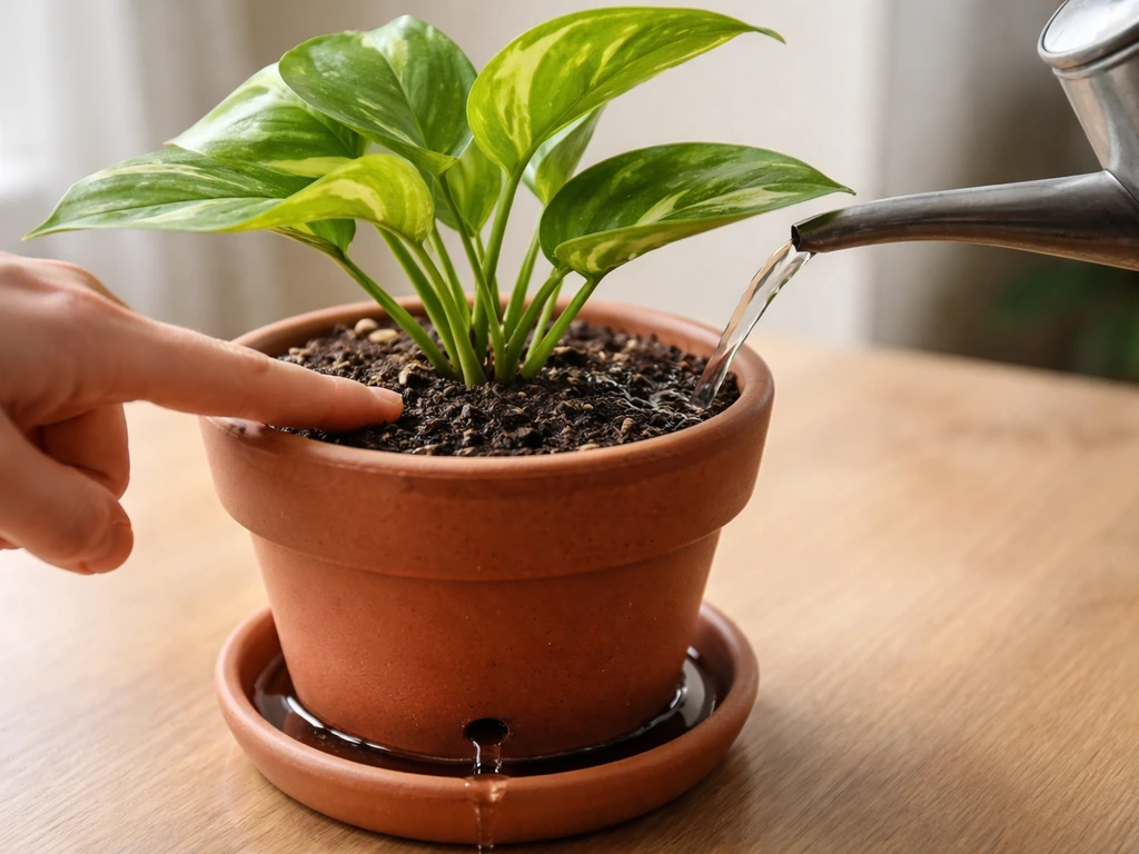Close-up of a pothos in a terracotta pot with soil being checked and watered until runoff drains