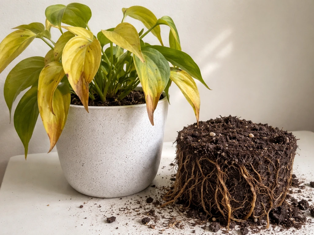 Close-up of yellowing plant leaves next to an inspected root ball showing brown, mushy roots.