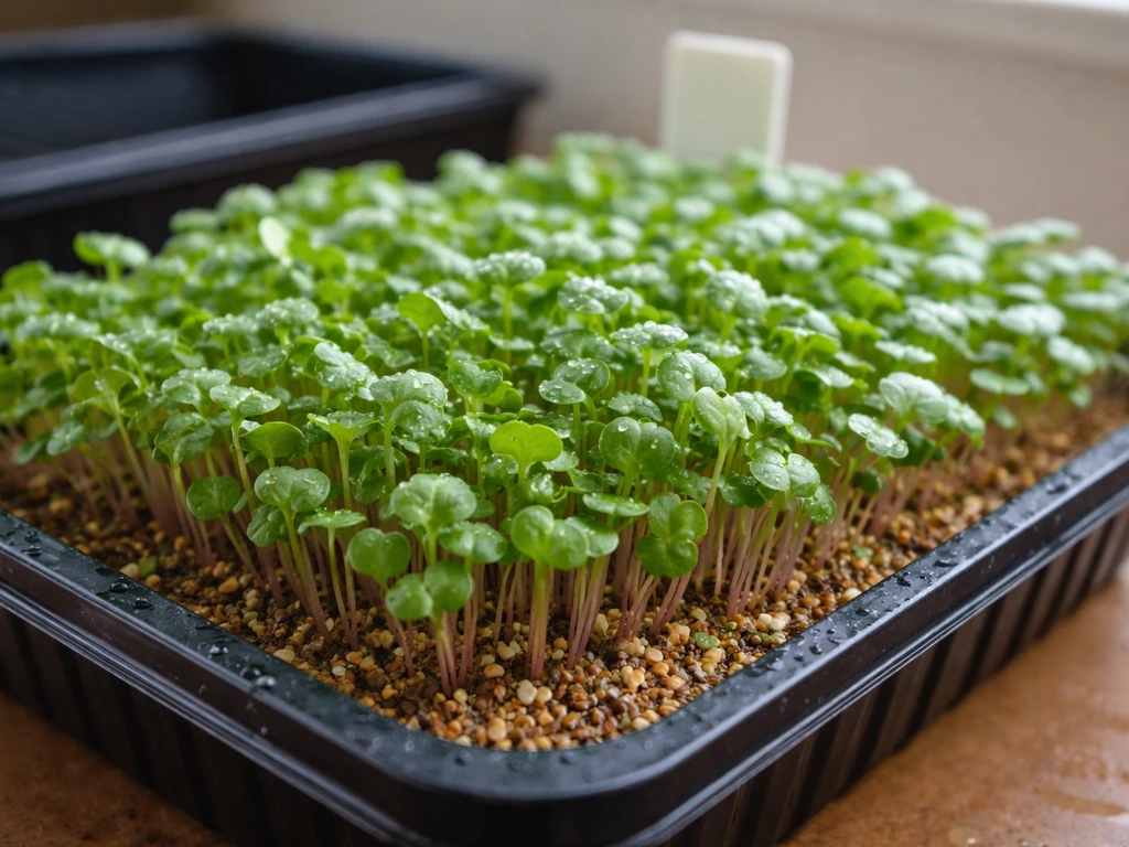 Dense radish microgreens in shallow trays, close-up with natural light and minimal background.