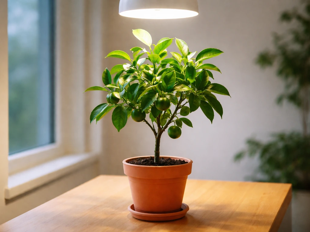 Potted citrus plant under a bright grow light in a simple indoor corner