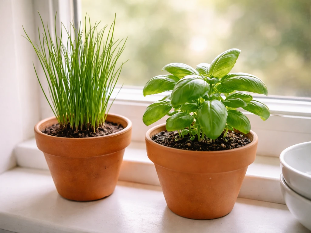 Close-up of chives and basil in small pots on a bright kitchen windowsill