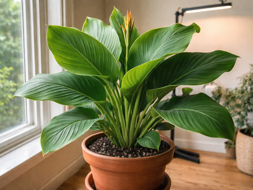 Healthy indoor canna plant in a terracotta pot near a bright window, lush leaves and bloom-ready feel.