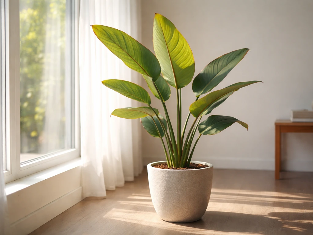 Indoor canna in a pot positioned by a sunny window, leaves reaching toward bright natural light.