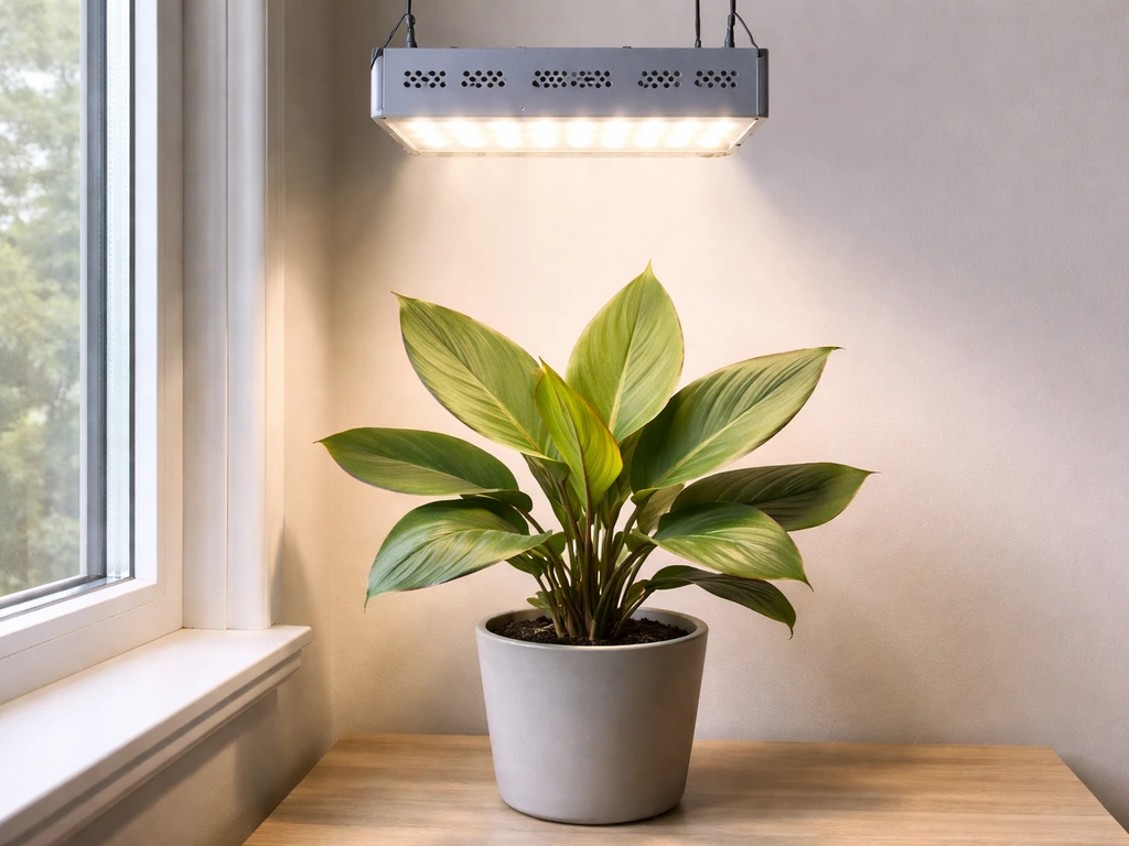 Full-spectrum LED grow light hanging above an indoor canna plant in a simple, bright room.
