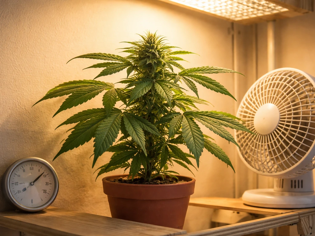Warm indoor grow corner with a thermometer-hygrometer, gentle fan airflow, and healthy canna leaves
