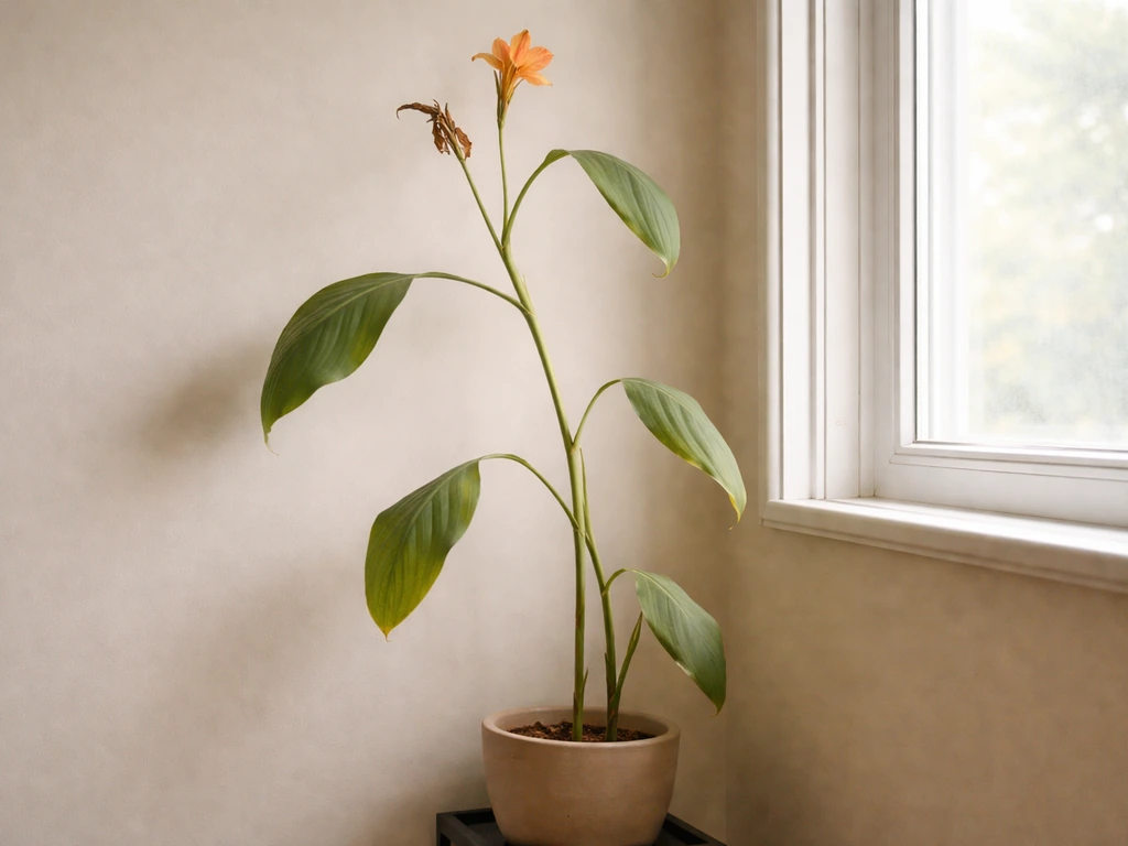 Indoor canna plant stretching toward a window with thin, floppy stems and wider leaf spacing