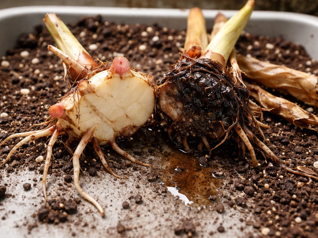 Close-up of canna rhizome/crown showing healthy firm tissue beside dark soft rot in damp soil.