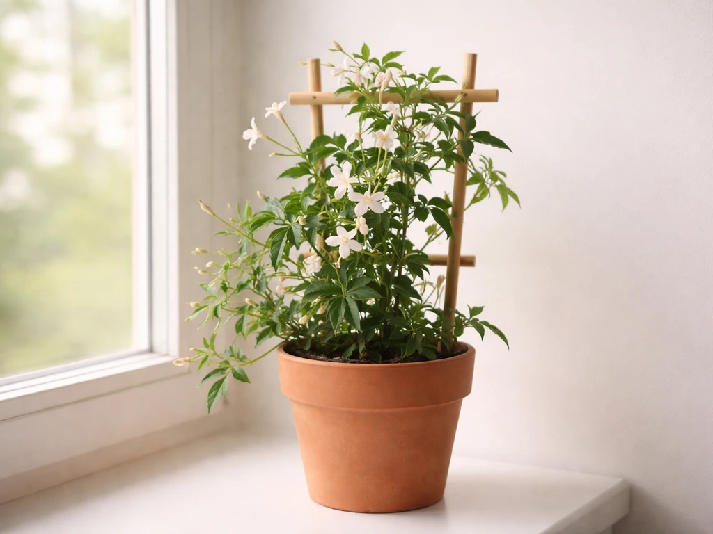 Indoor star jasmine vine climbing a small trellis in a pot by a bright window with a few buds and flowers.