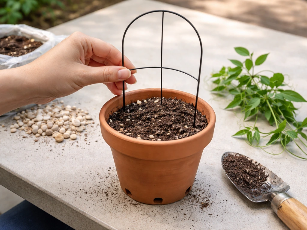 Hands placing a jasmine climbing hoop beside a snug pot with drainage stones and soil
