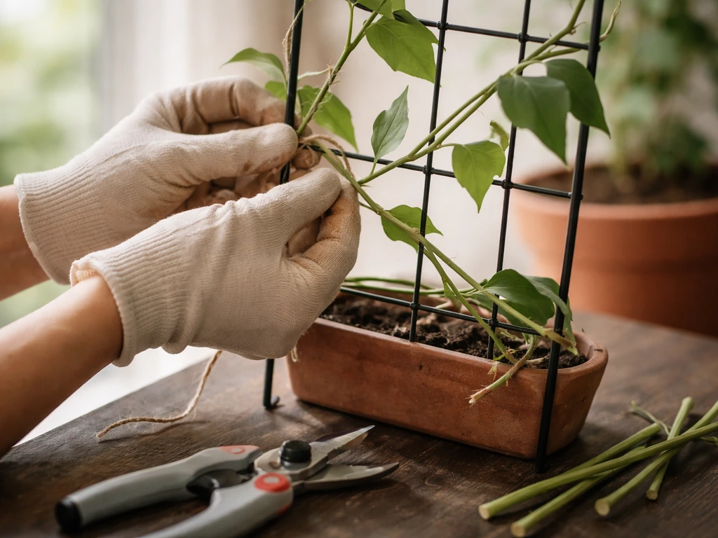 Hands tying a star jasmine vine to an indoor trellis; pruned stems nearby in soft natural light.