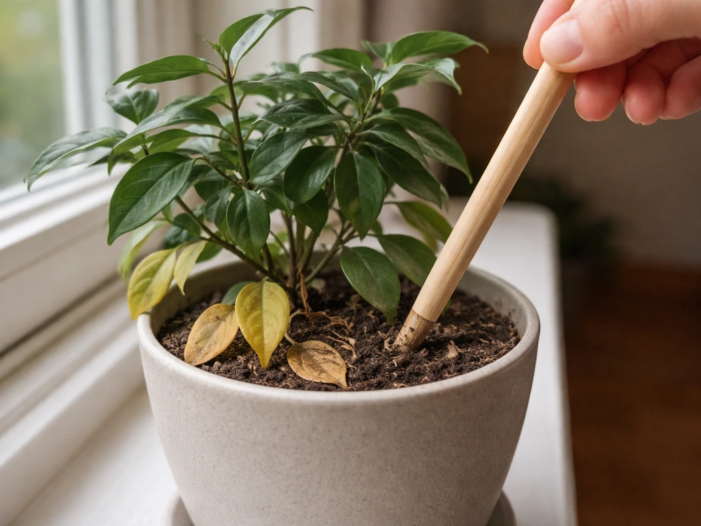 Indoor star jasmine with yellow lower leaves, with a moisture stick checking the top inch of soil.