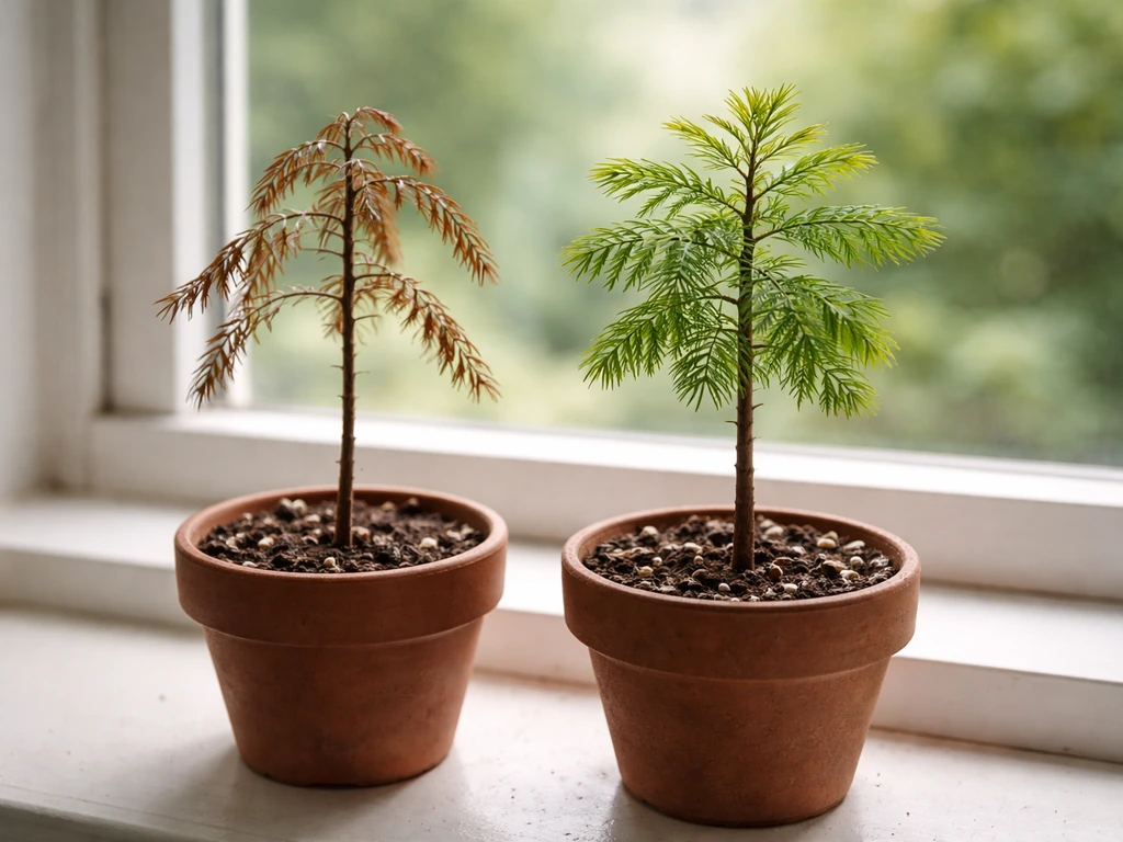 Two potted dawn redwood seedlings on a windowsill: one drooping and sparse, the other vibrant and upright.