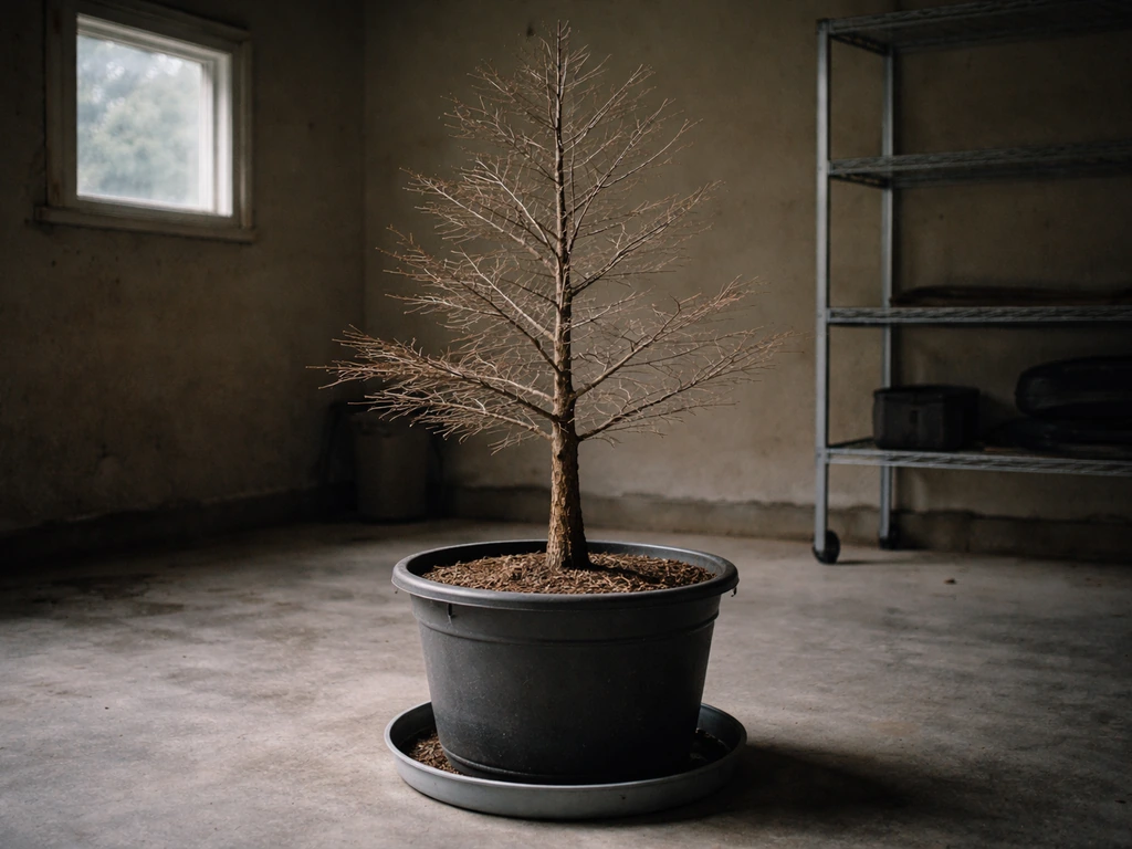 A potted dawn redwood in a cool, dim unheated garage—bare branches on a concrete floor.