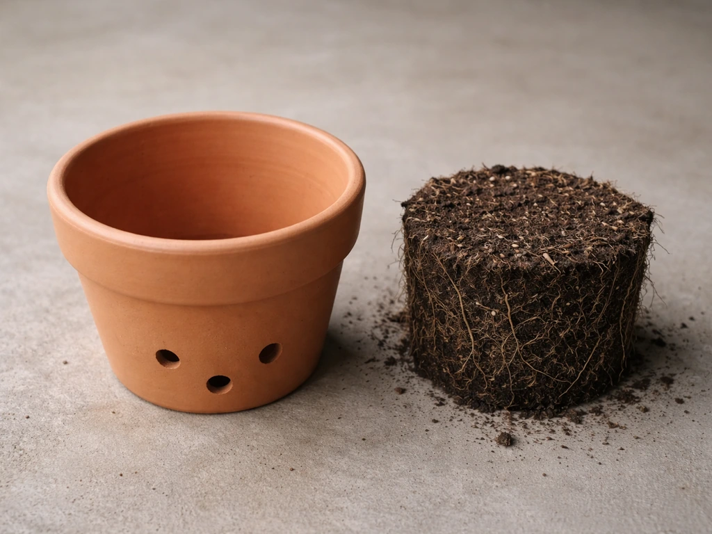 Unglazed terracotta pot with drainage holes next to a root ball, showing correct sizing scale.