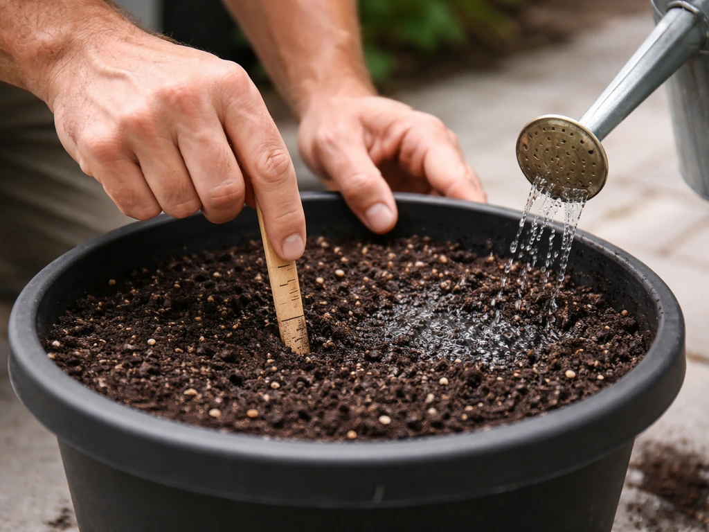 Hands testing soil moisture in the top inch of a 10-gallon potted tree, then watering until runoff drains.