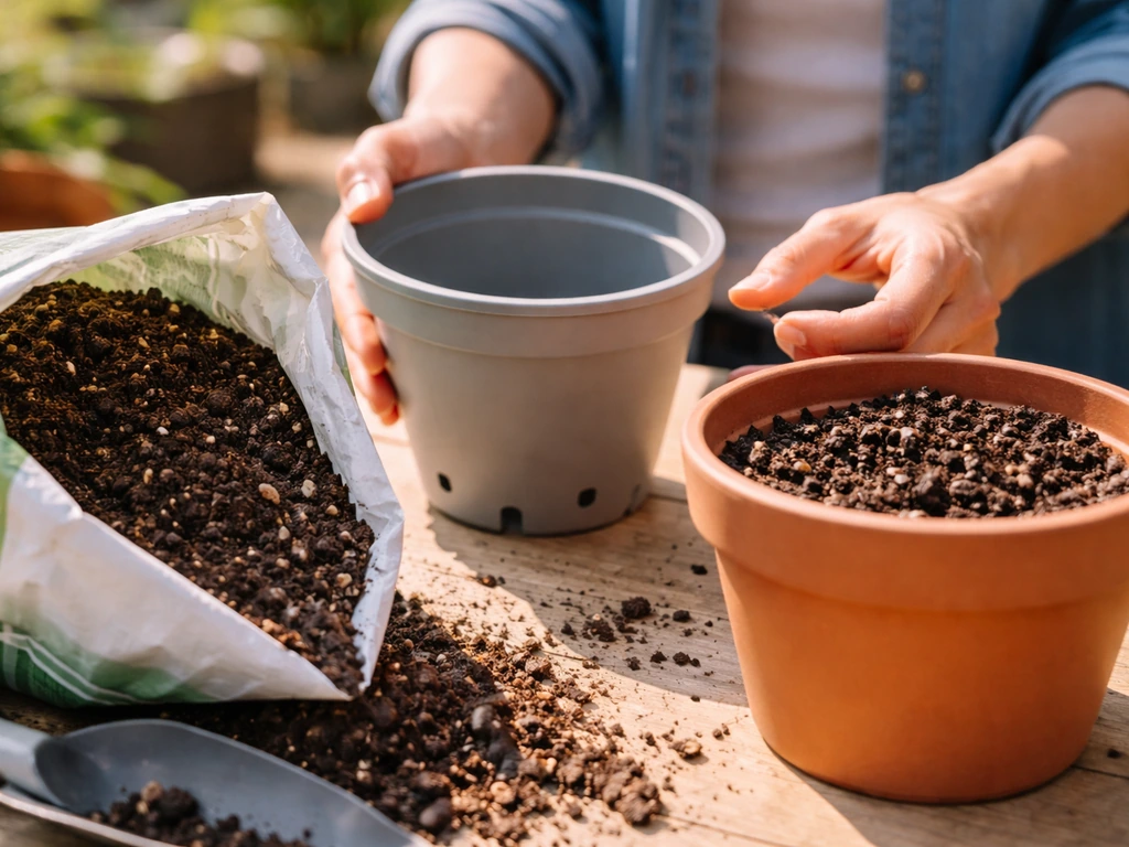 Close-up of filling a pot with drainage holes using quality potting mix on a sunny tabletop.
